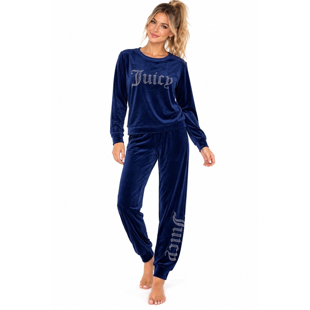 Juicy Couture Navy Blue Velour Rhinestone Logo Pajama Set Large Y2K Lounge Set